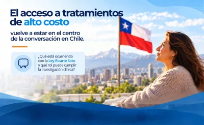 Gráfica institucional de CeCim sobre acceso a tratamientos de alto costo, Ley Ricarte Soto e investigación clínica en Chile