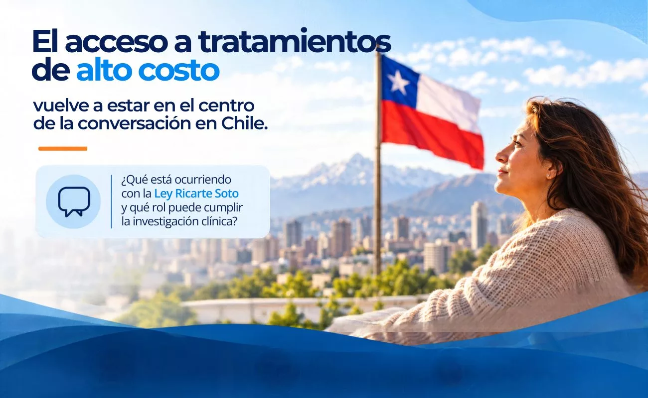 Gráfica institucional de CeCim sobre acceso a tratamientos de alto costo, Ley Ricarte Soto e investigación clínica en Chile